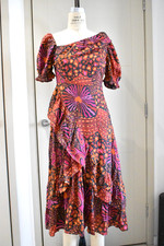 FARM RIO Midi Dress Heart Print Ruffle Neck Asymmetrical Puff Sleeve, Small