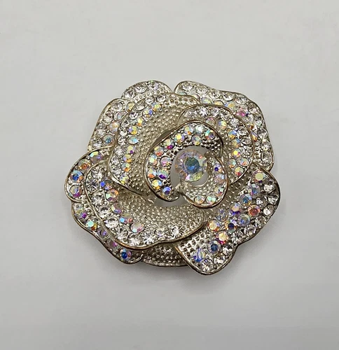 Vintage Aurora Borealis Rhinestone Flower Brooch Silver Tone Costume Jewelry