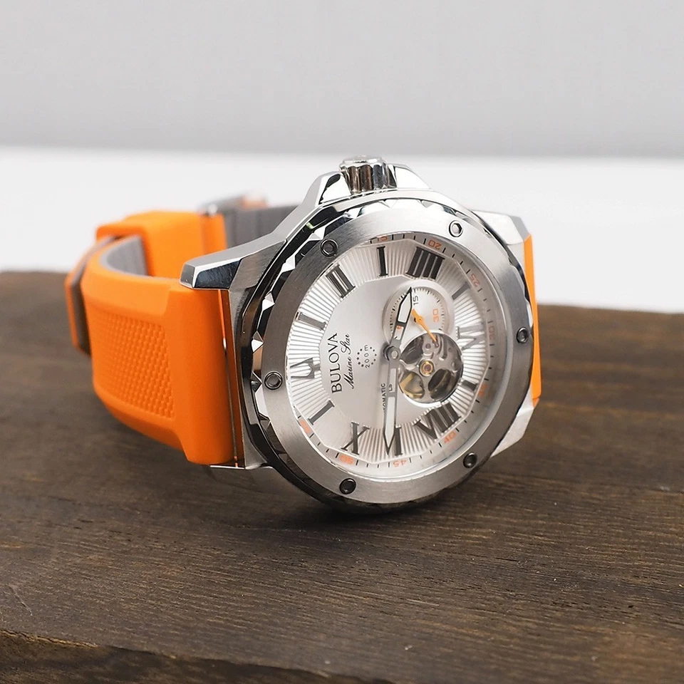 Bulova Men's Marine Star 98A226 Orange Silicone Strap Automatic Watch 45mm - Image 3 of 4
