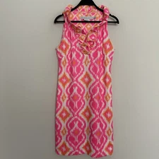 Gretchen Scott Women's S Ruffle V-Neck Sleeveless Dress Stretch Pink Orange Ikat