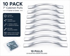 10 Pack Polished Chrome Cabinet Hardware Modern Wave Pulls 5" Centers 7" Overall