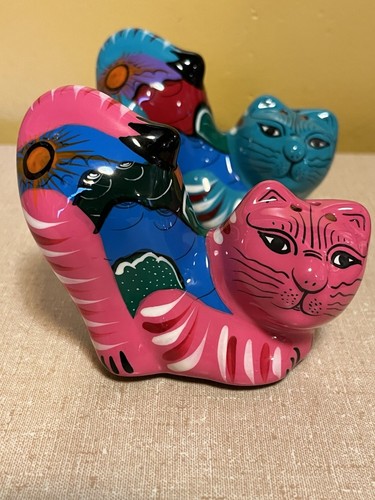 Isidoro Mexico Red Clay Pottery Hand Painted Cat Salt And Pepper Shakers - 第 5/11 張圖片