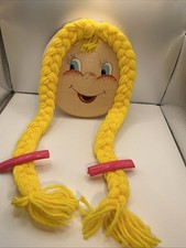 Vintage Hair Accessory Wooden Doll Head Yellow Braid Wall Hanger
