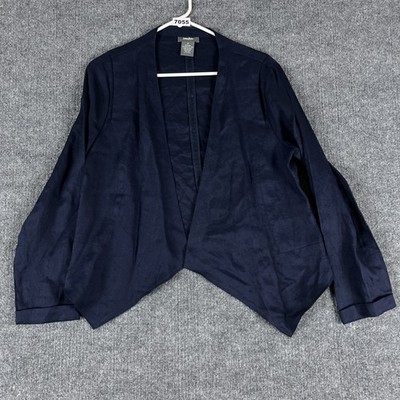 Neiman Marcus Jacket Womens Medium Navy Linen Open Front Asymmetrical Hem Drape