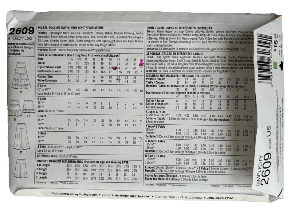 Simplicity Sewing Pattern 2609 Boho Tiered Skirt 5 Variations Uncut Sz 16-24 - Image 2 of 2