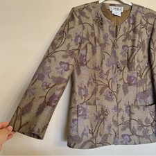 CARLISLE 100 Wool Button Front Collarless Floral Jacquard Blazer Jacket Size 14