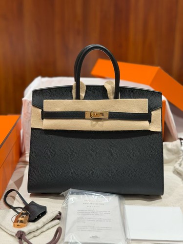 Hermes Birkin 25 Sellier Black Epsom Leather Rose Gold HW Tote Bag Auth