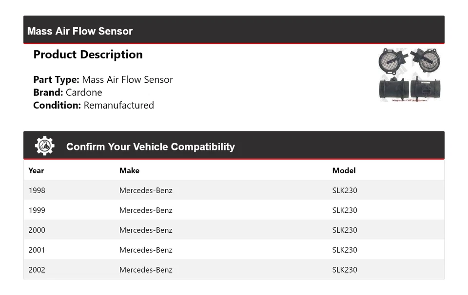 适用于 1998 - 2002 梅赛德斯 - 奔驰 SLK230 大众气流传感器 Cardone 1999 2000 2001 — 第 2/4 张图片
