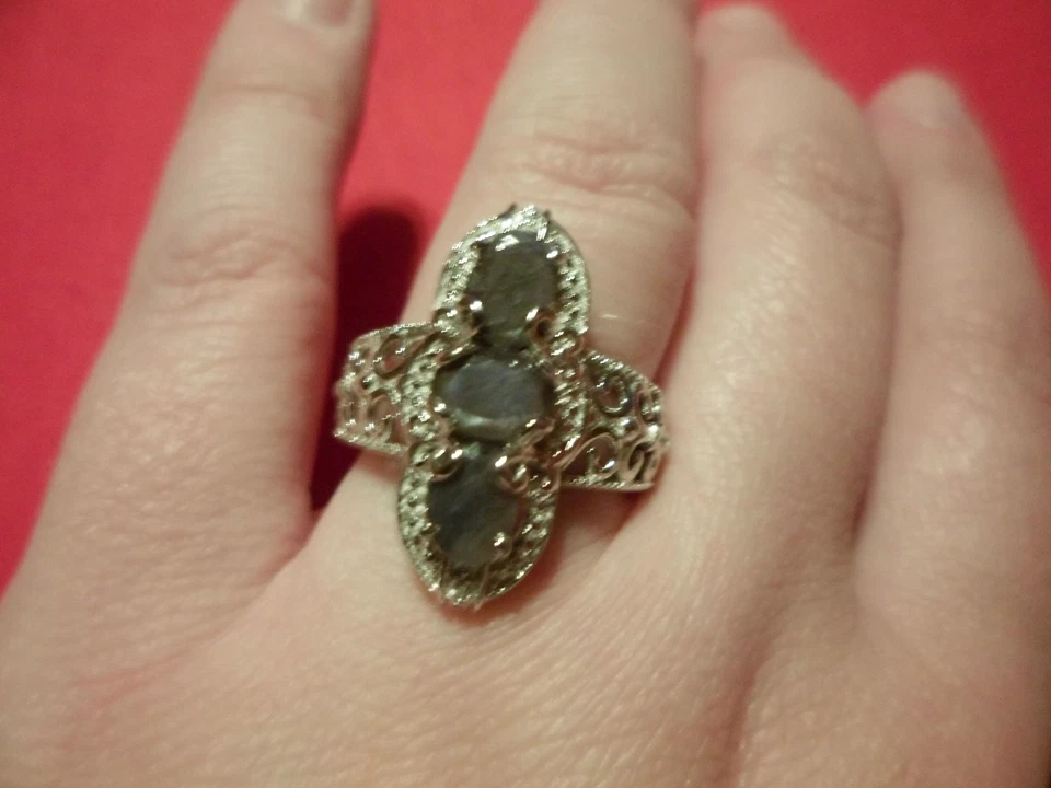 Серебряный сапфир 3 камня кольцо в платине наложение размер 8-3.20CTW - Изображение 3 из 4