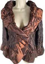 Vintage Jerry T Women Jacket Small Brown Leopard Ruffle Collar Cuff Sleeve L/s