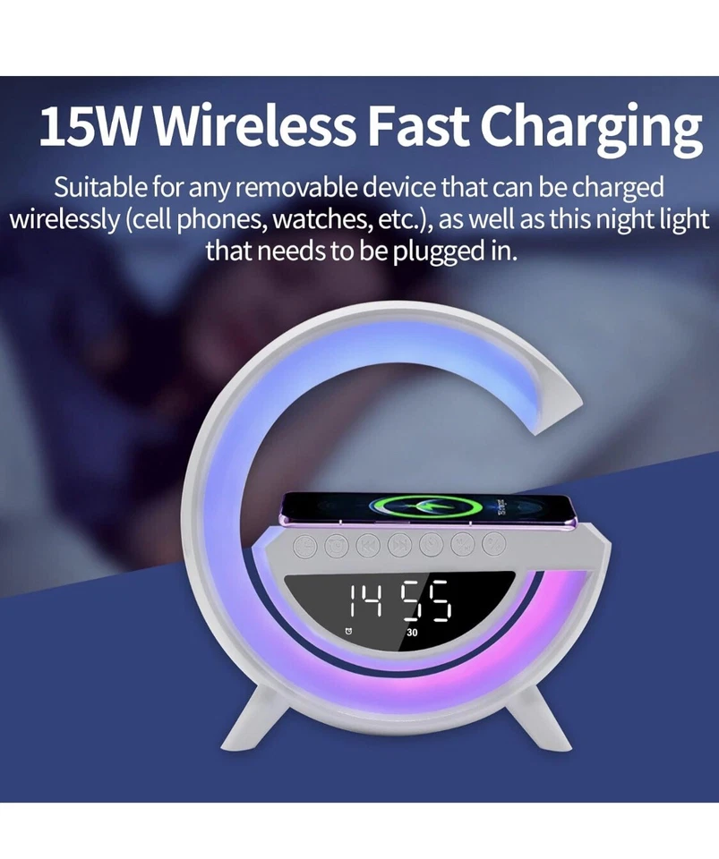 6 in 1 Wireless Charger Night Light App Control Bluetooth Speaker Alarm Clock - Image 4 of 4