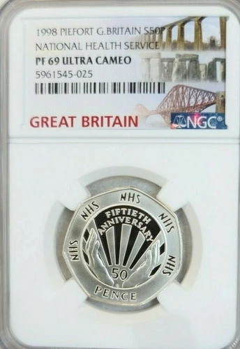 1998 GREAT BRITAIN SILVER 50 PENCE PIEFORT NATIONAL HEALTH NGC PF 69 ULTRA CAMEO
