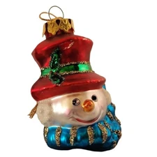 Blown Glass Snowman Bust Head Christmas Tree Ornament 3.5" Glitter Accents