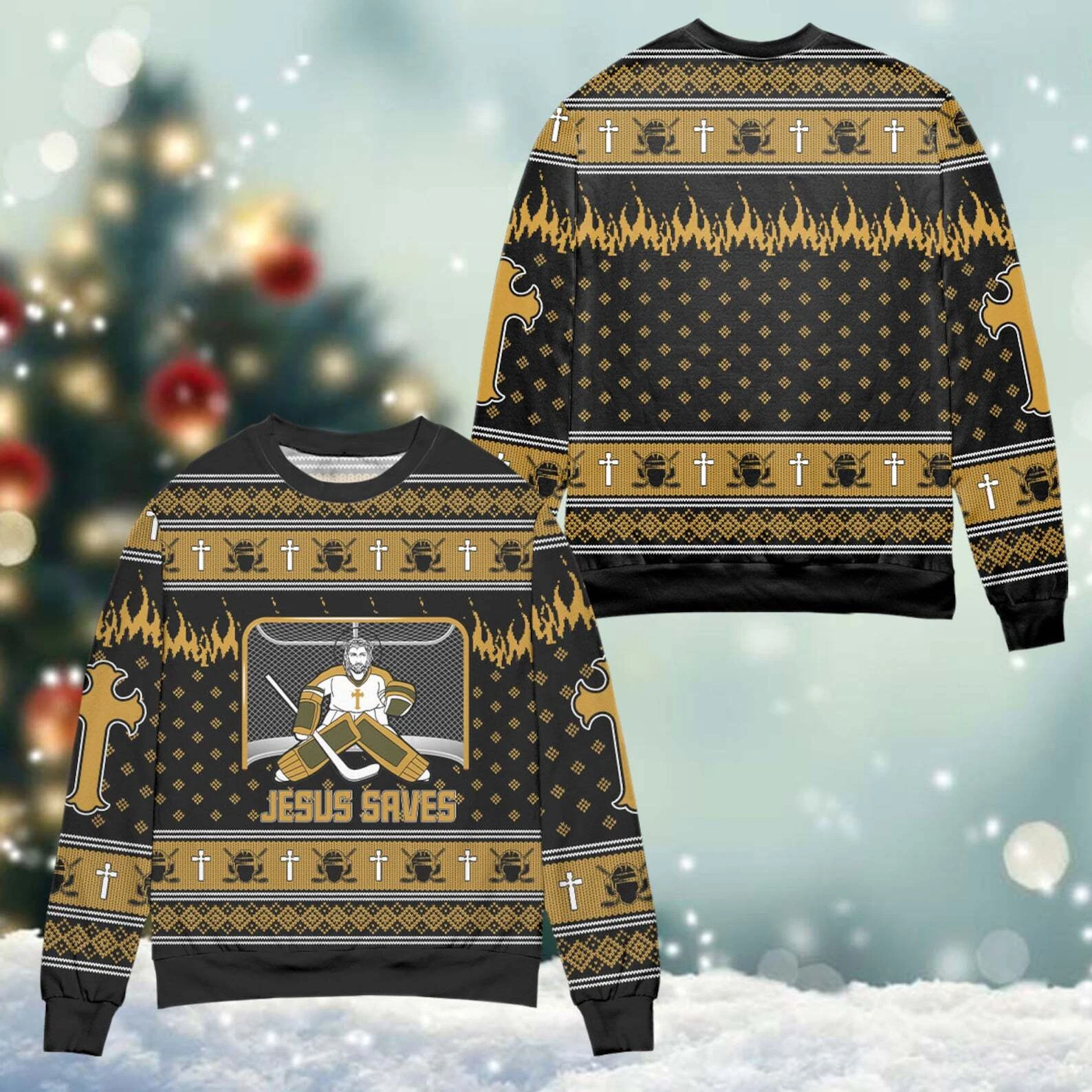 Jesus Saves Hockey Man Christmas Ugly Sweater, Hockey Player Pullover