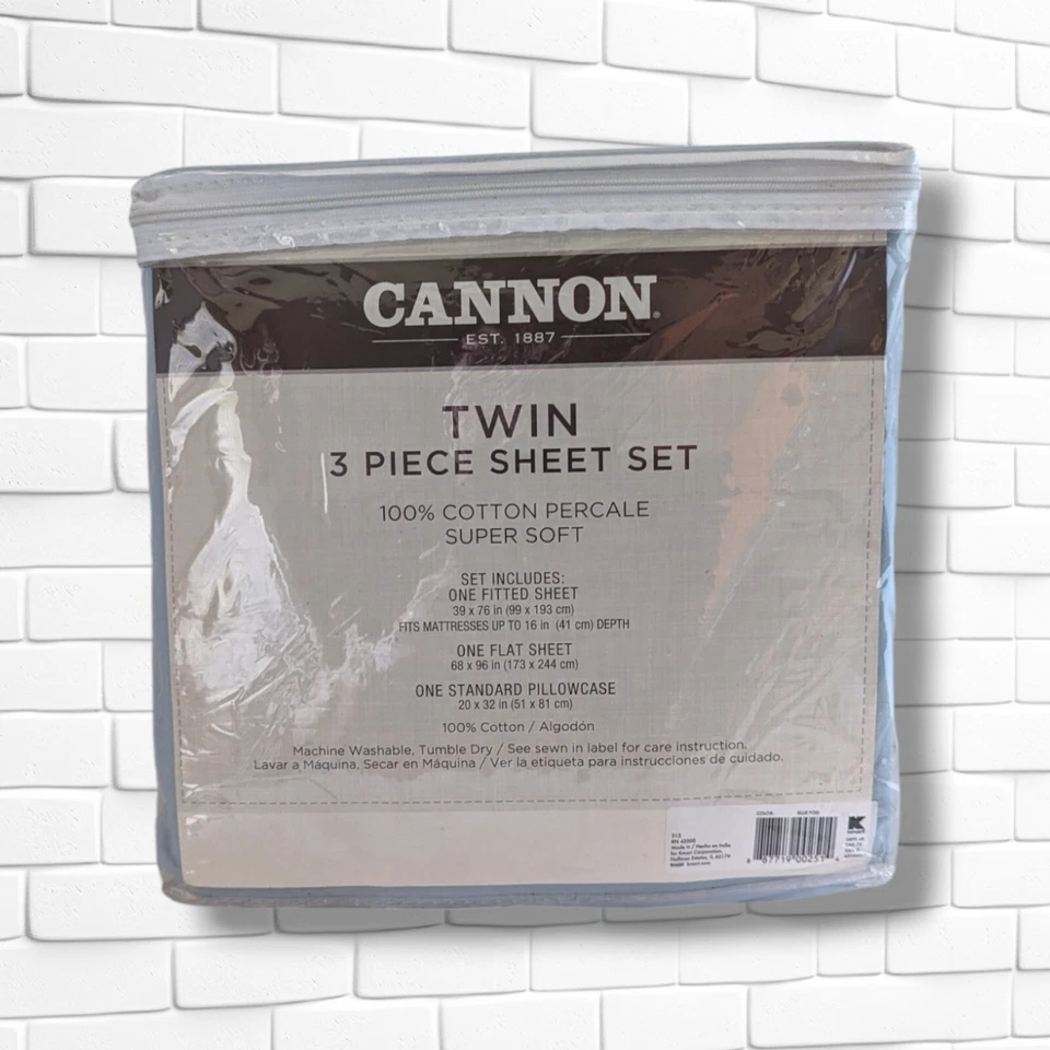 Cannon Twin Sheet Set Light Blue Fitted Flat & Pillowcase NEW - Image 3 of 4