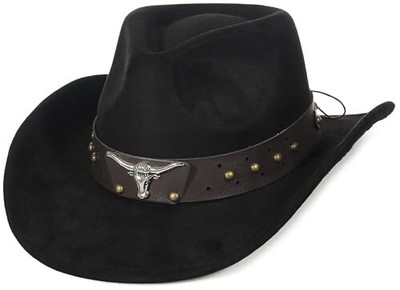  Suede Cowboy Hat for Men Women Roll up Brim Cowgirl Hat Classic 7-7 1/4 Black
