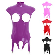 Womens Wet Look Patent Leather Bodysuit Hollow Out Cupless Garter Clip Nightwear