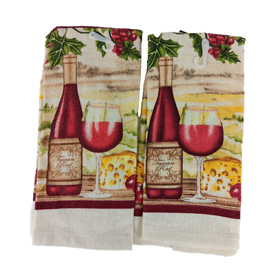 Home Collection Wine & Cheese Kitchen Towels Lot of 2 New Unused Cream and Red