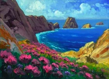 Oil Painting Landscape Signed California Flowers Clouds Pirates Cove MAX COLE 90