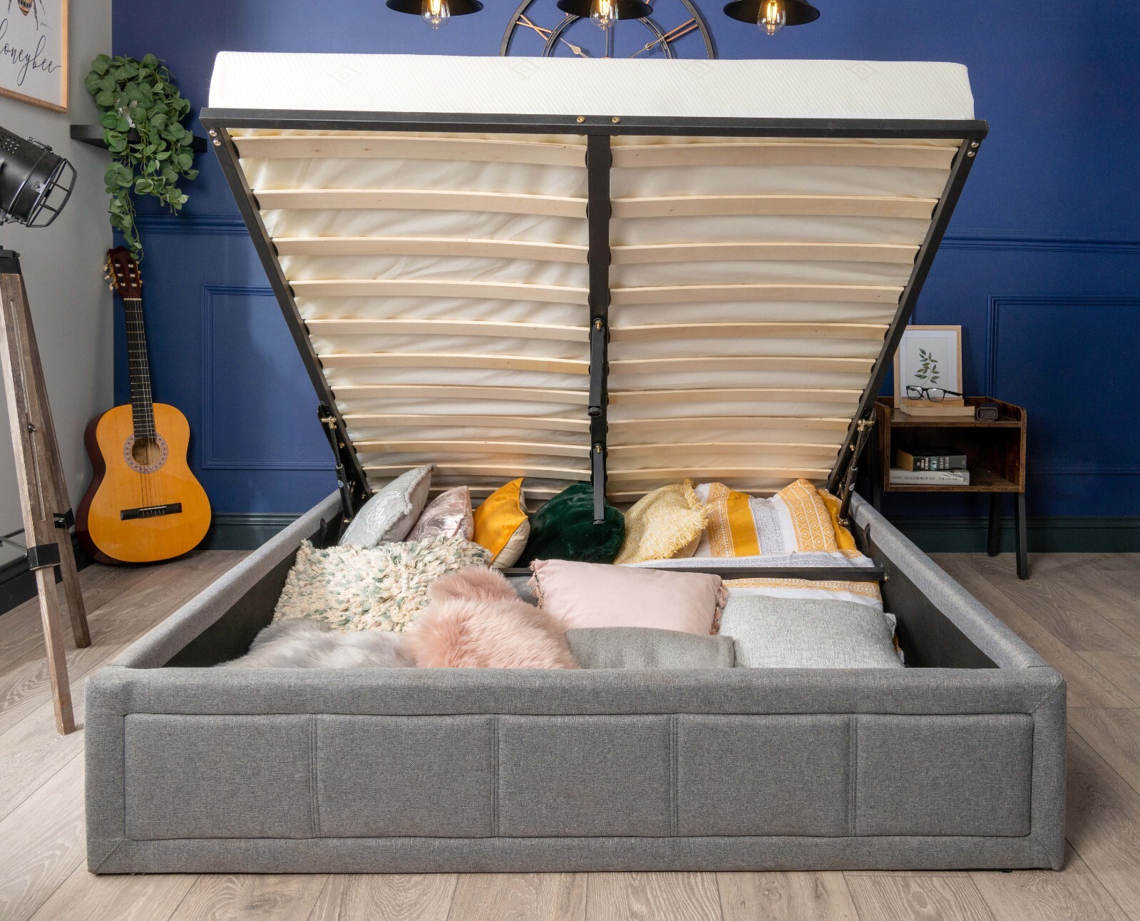 Grayson Ottoman Storage Gas Lift Bed Frame Fabric Upholstered Double