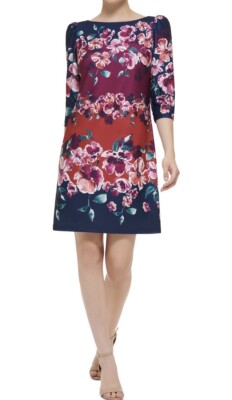 Jessica Howard Petite Floral-Print 3/4-Sleeve Shift Dress Navy