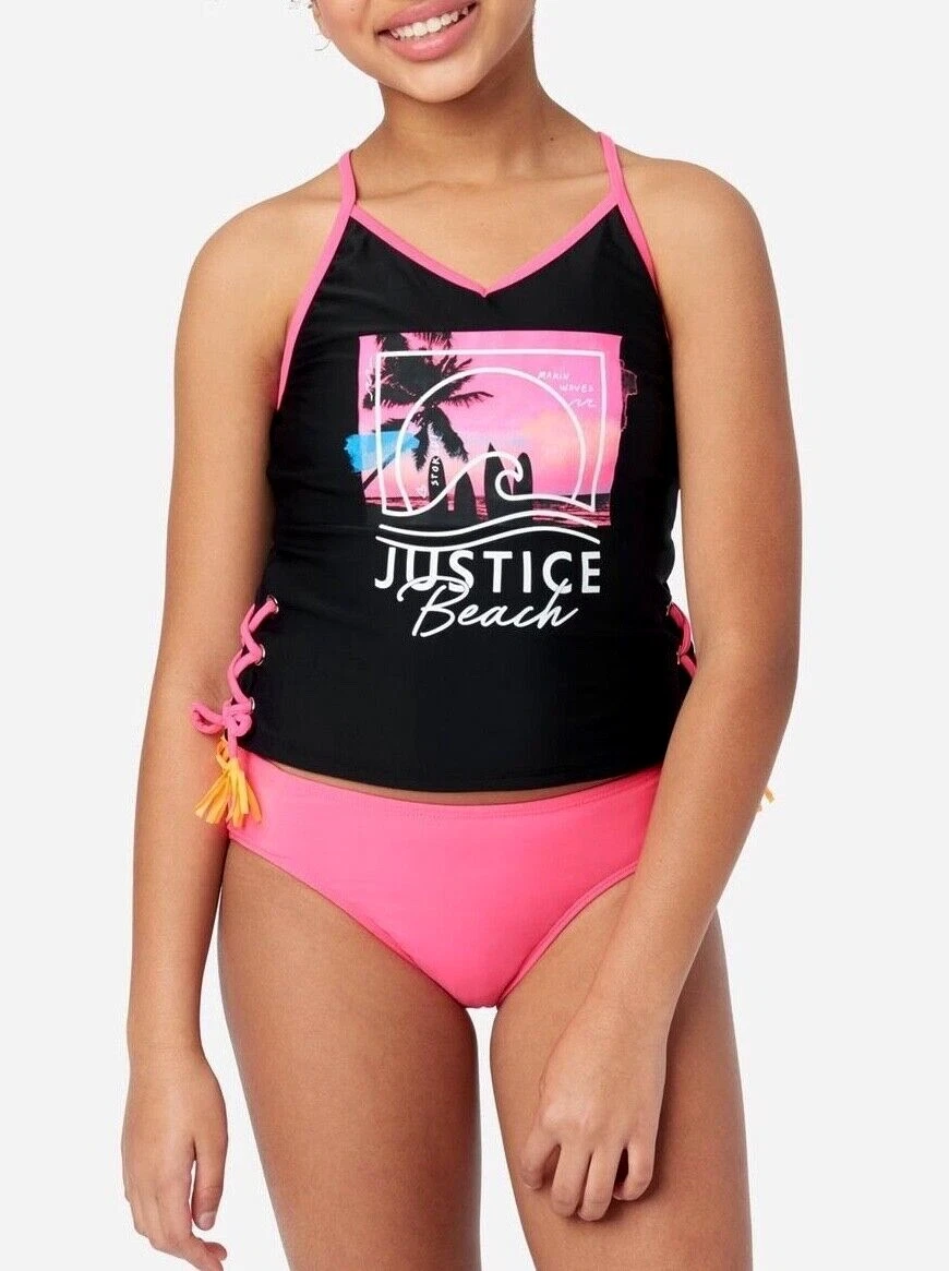 JUSTICE Girls Swimsuit Tankini Bikini Swim PLUS SIZE 12 14 16 18 L XL lace  up