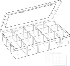 15 Grids Large Plastic Organizer Box with Adjustable Dividers, Clear Craft Organ