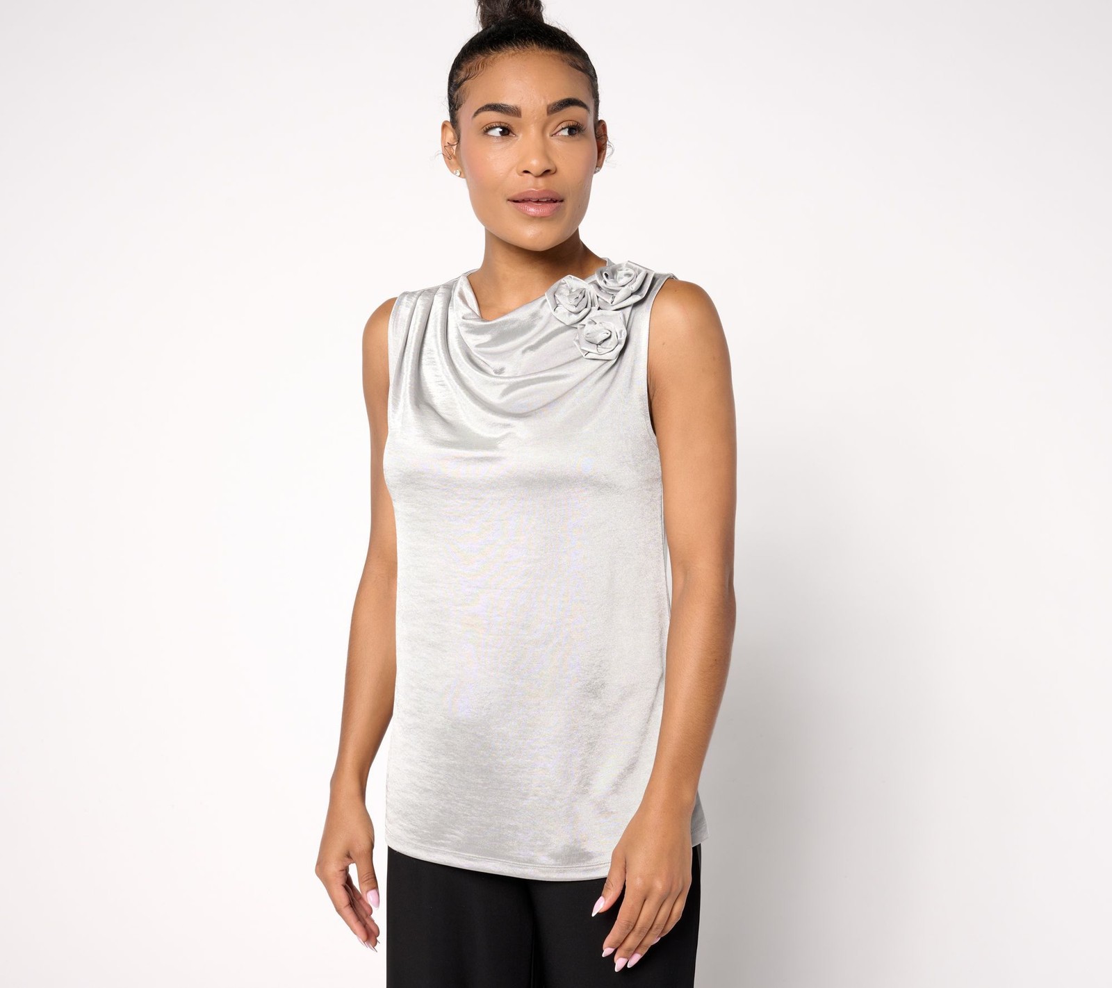 BEAUTIFUL by Lawrence Zarian Women's Top Sz M Knit Satin Cowl Neck Gray A661718