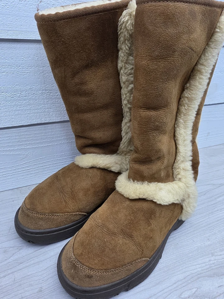 UGG Womens Sunburst Tall Boot Tan Brown Sheepskin Outer Stripe 5218 Warm Size W7 - Image 3 of 4