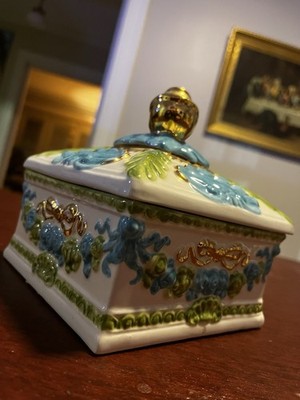 Handmade Ceramic Trinket Box Blue Green Gold Floral Design Signed MEA
