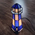 Beautiful VTG Tiffany Style Blue Stained Glass Lighthouse Table Lamp