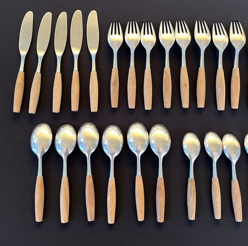 30 Pcs DANSK MCM Fjord Wood Handle Stainless 4 Ducks Logo Germany Flatware Lot - Picture 6 of 13