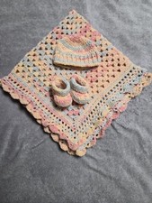Handmade Crochet Baby Infant Newborn Blanket Set, Hat  Booties, Shower Gift