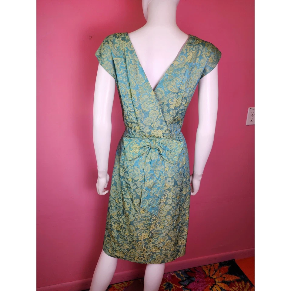 Vintage 1950's Mint Gold Brocade Sheath Dress Low Back with Bow by R&K Originals - Image 3 of 4