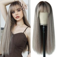 26Inch Long Straight Wig with Bangs Grey Brown Wig with Dark Roots Heat Resis...