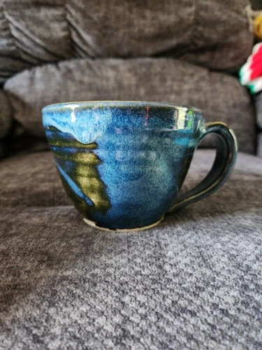 Hand Made Studio Art Pottery Blue Green Glaze Coffee Mug Tea Cup