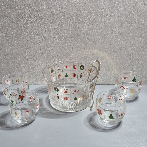 Vintage Culver Set of 4 Christmas Potpourri MCM Glasses & Party Bowl