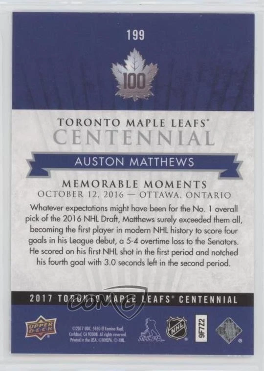 2017 Upper Deck Toronto Maple Leafs Centennial Memorable Moments Auston Matthews - Image 2 of 2