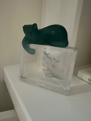 Daum Pate De Verre Glass Cat and Fish Sculpture - Slight