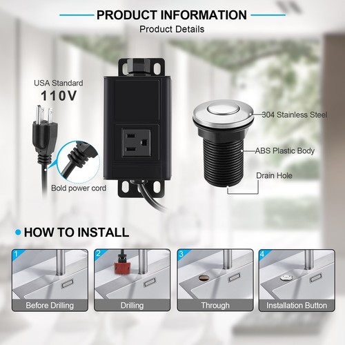 Kit de interruptor de aire para eliminación de basura con kit de cable de alimentación fregadero eliminador de residuos - Imagen 11 de 12