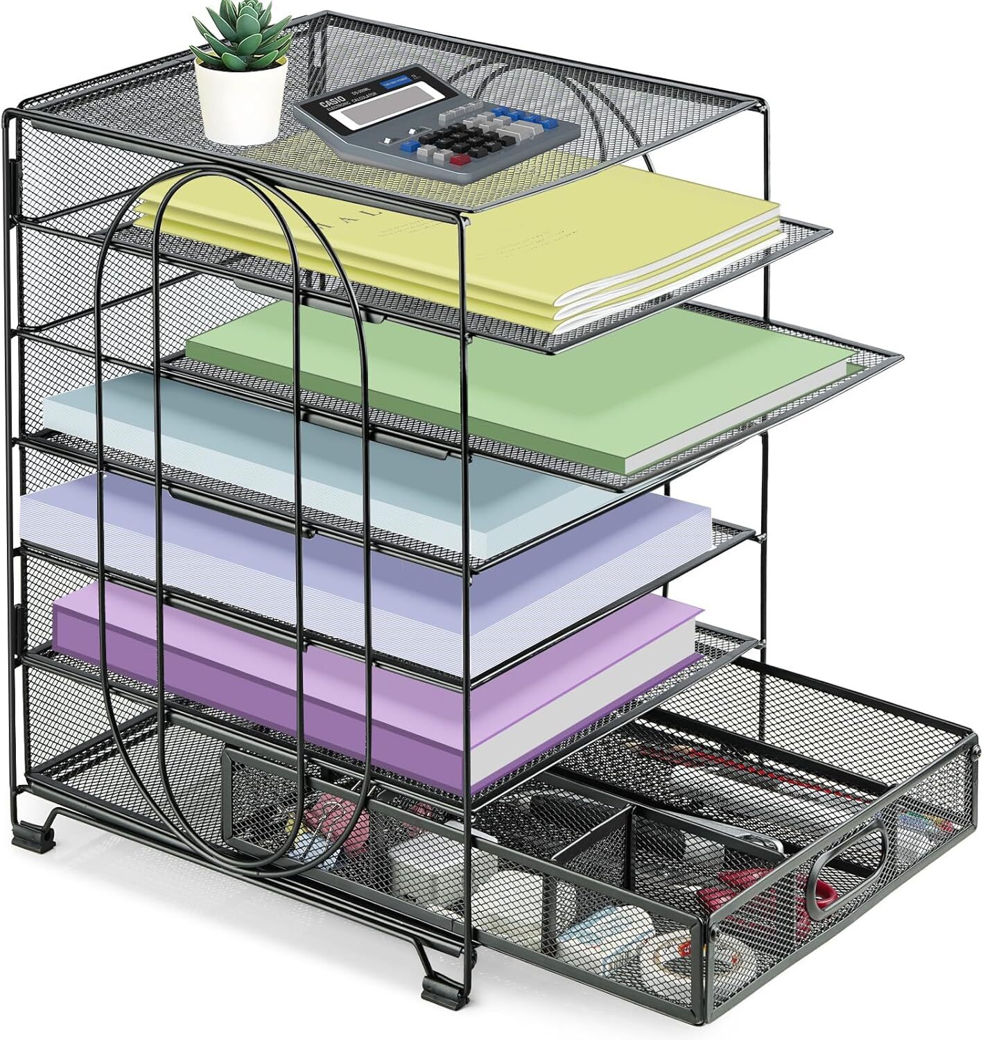 6-Tier Paper Organizer for Desk Letter Tray with Drawer Metal Mesh File Sorter