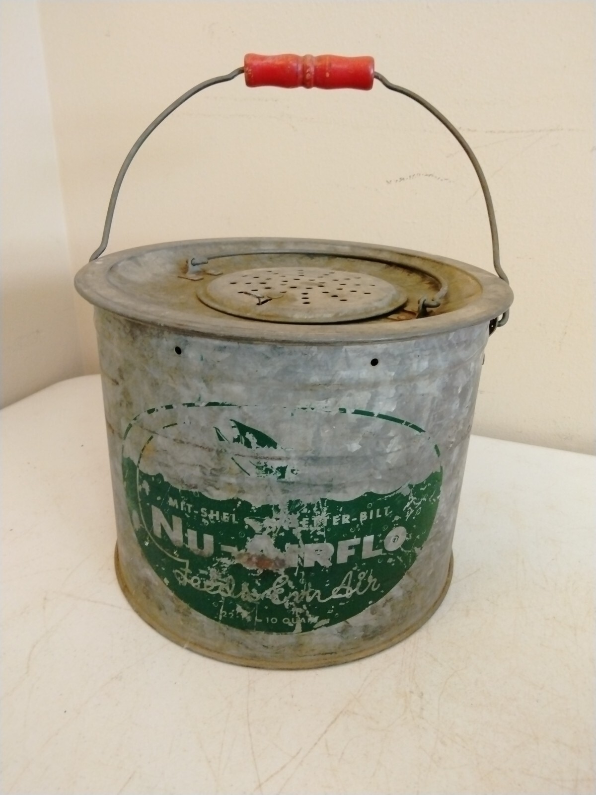 Vintage Galvanized Minnow Bucket Nu Airflo Fishing Pail with Wood