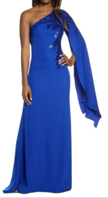 One-Shoulder Cape Sleeve Crepe Gown LAPIS BLUE, Size 14 Item: #610636317160  | eBay