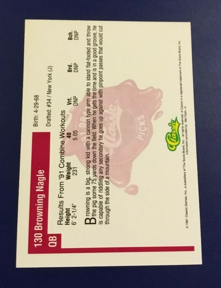 1991 Classic Draft Picks # 130 BROWNING NAGLE ROOKIE New York Jets Nice Look ! - Image 2 of 2