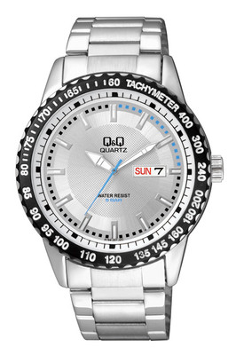 Q&Q by Citizen A194-201Y Silver Tone Band Tachymeter Bezel Day