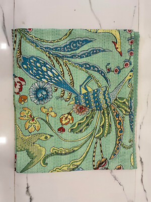 Green King Size Bird Handmade Kantha Quilt Throw Blanket Vintage Quilt Bedspread