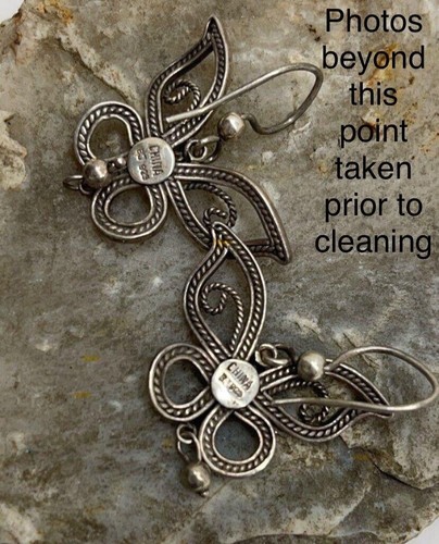 Vintage Filigree Look Sterling Silver 925 BUTTERFLY Pierced Dangle Earrings - Picture 7 of 10