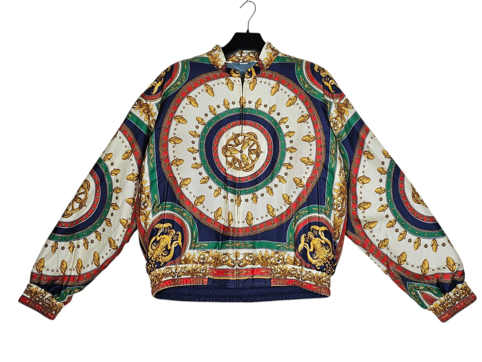 Blouson bomber sirène en soie Gucci taille 52 IT imprimé graphique multicolore