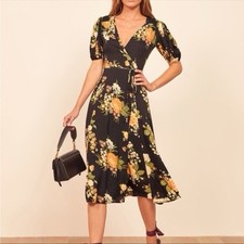 Reformation Augustine Black Floral Midi Wrap Dress