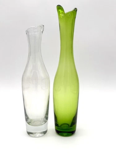 Vintage Blenko Glass 64b Green Clear Bud Vases MCM 1960s 1970s